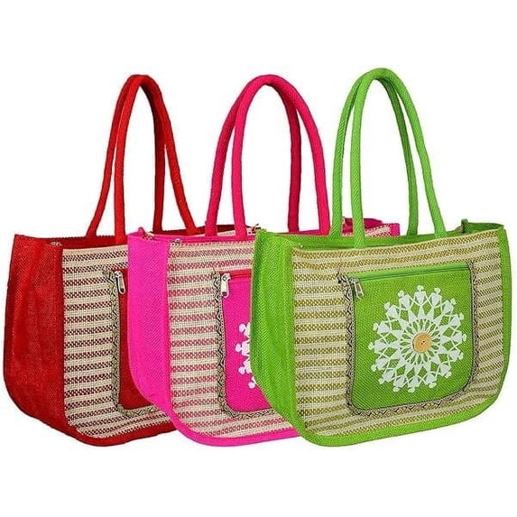 Multipurpose Reusable Jute Bags/, Eco-Friendly Ladies Bag Design Shopping Grocery Gift Bag with Handle for Women, Multicolor, ASSORTED COLOR Pack of 3