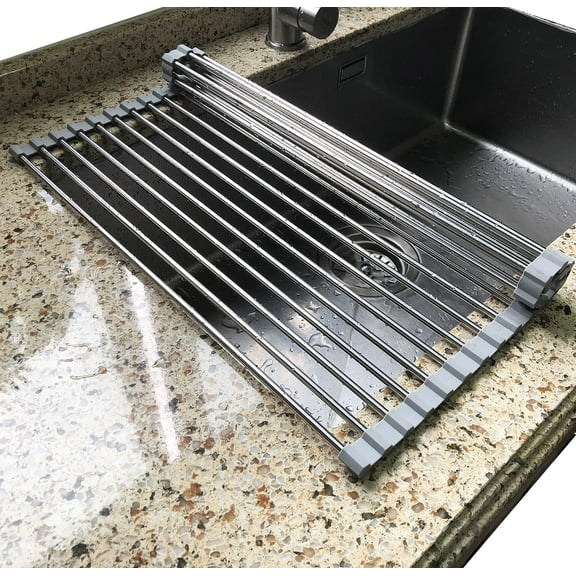 Multipurpose Roll Up Dish Rack Over Sink, Stainless Steel Foldable Kitchen Drainer, Space Saving Drying Shelf for Dishes Pans, Gray