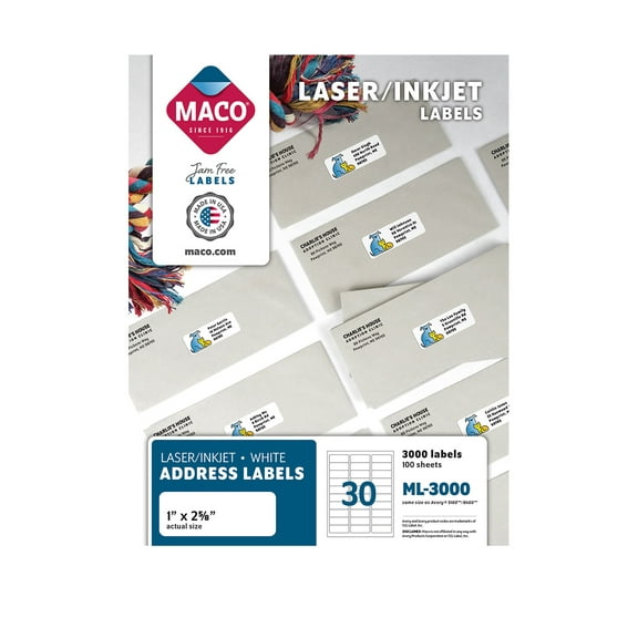 Maco Multipurpose Self-Adhesive Rectangle Printer Labels, 1 x 750, White, 3000 Count, 1 Pack