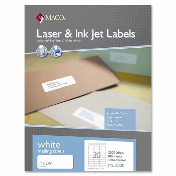 Maco Address Label - 1" Width X 2.62" Length - 3000 / Box - Rectangle - Laser, Inkjet - White (ML3000)