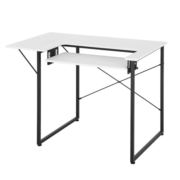 Multipurpose Sewing Table, Foldable Side Shelf, Adjustable Shelf, Steel Legs, Computer Desk for Home Studio, White