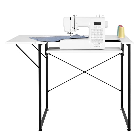 Multipurpose Sewing and Craft Table with Foldable Side Shelf Adjustable Storage Steel Frame Ideal for Home Studios Offices Classrooms White