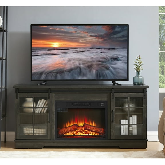 Multipurpose Sliding Door TV Stand Large Storage Cabinet with 2 Sliding Fluted Glass Doors, TV Up to 65'', TV Desk Storage Rack with 23" Fireplace TV Stand, Charcoal Grey, 59.13"W*15.94"D*27.8"H