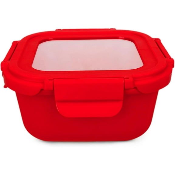Multipurpose Square Glass Container with Ceramic Coating and Lid Ceramic Coated Food Container - Non Toxic, Non Stick Lunch Box Container (Red) (27 fl oz (800 ml))