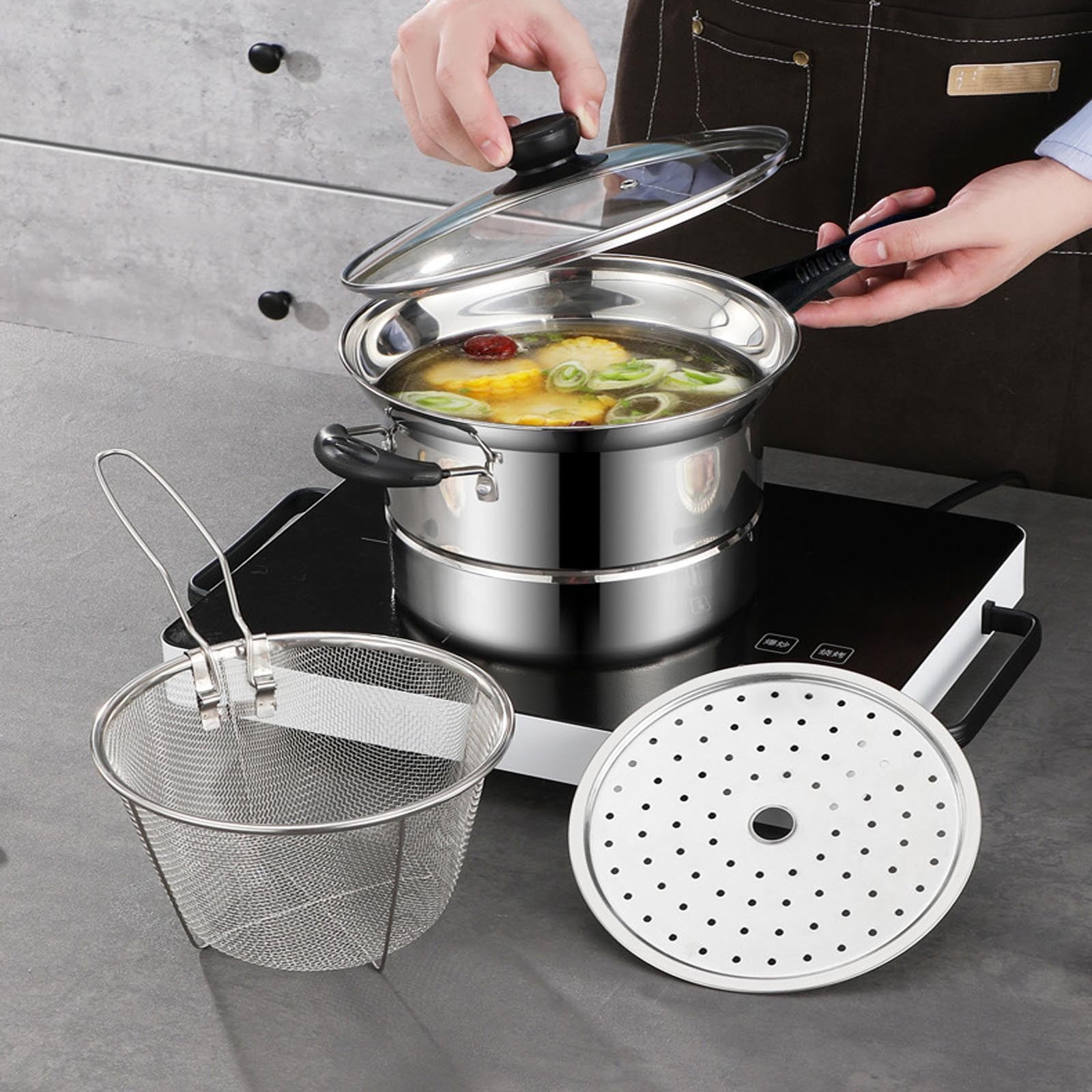 Multipurpose Stainless Steel Cookpot, Frying Pan with Strainer Lid, All ...
