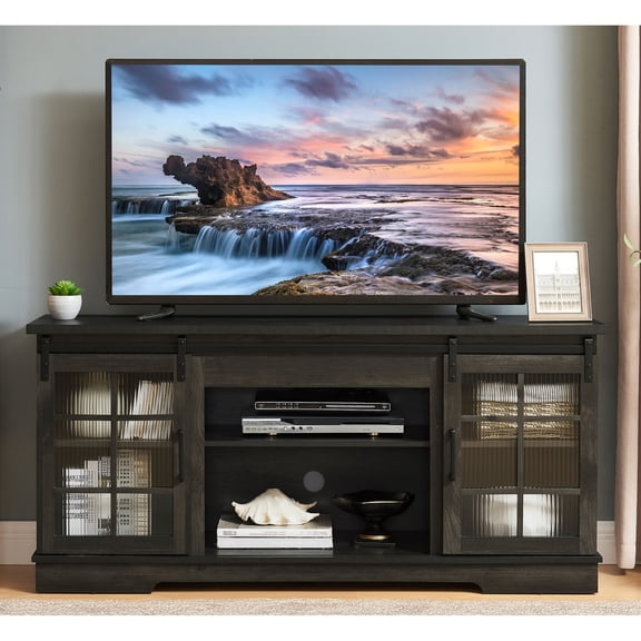Multipurpose TV Stand with Smooth Gliding Glass Doors | Support TVs up to 65" and Provide Storage for Gadgets | Feature Classic American Look and Easy Cleaning