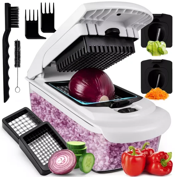 Multipurpose Vegetable Chopper and Spiralizer, 4-in-1 Heavy Duty Manual Food Slicer and Kitchen Dicer & Meal Prep Container for Potatoes, and Veggies