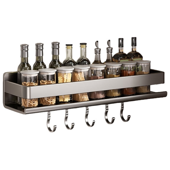 Multipurpose Wall Mounted Spices Storage Shelf for Kitchen Supplies Without Drilling Required with Hook Designs