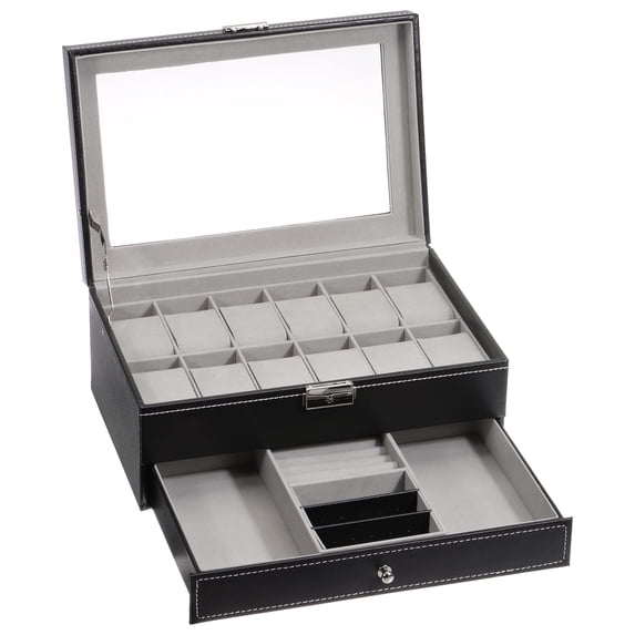 Multipurpose Watch Box 12 Slots 2 Layers Display Cases with Clear Top, Black