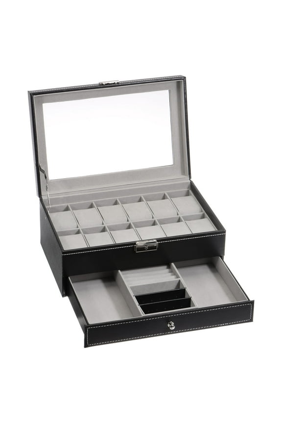 Multipurpose Watch Box 12 Slots 2 Layers Display Cases with Clear Top, Black