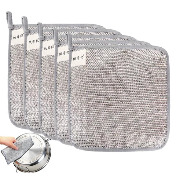 Multipurpose Wire Dishwashing Rags for Wet and Dry Use, 3-Layer Thickened Silver Wire Cleaning Cloth with Sponge Core, Non-Scratch Scrubbing Dish Cloths for Kitchen