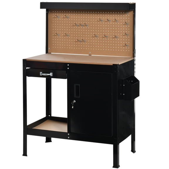 Multipurpose Workbench Tool Table with Drawer & Pegboard - Workshop Storage Cabinet with Keys - Garage Workstation for DIY Projects