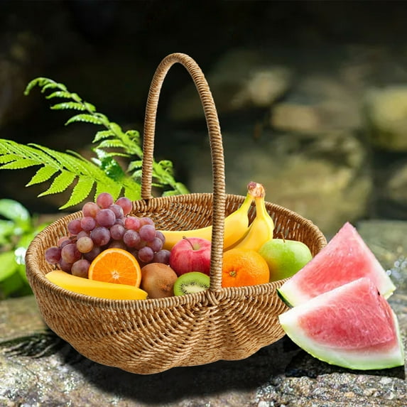 Multipurpose Woven Rattan Basket with Handle - Large Picnic Fruit Basket for Shopping, Camping, and Storage - Decorative Storage Basket for Vegetables and Sundries