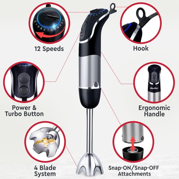 Multistick 800W 5-in-1 Immersion Hand Blender, 12-Speed Handheld Mixer with Turbo Boost, Copper Motor & Titanium Blades, Includes Milk Frother Wand & Whisk, Black
