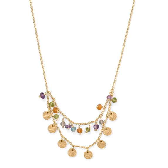 Multistone 2-strand 14k Gold-plated Silver Necklace with Gold Disks Adjustable