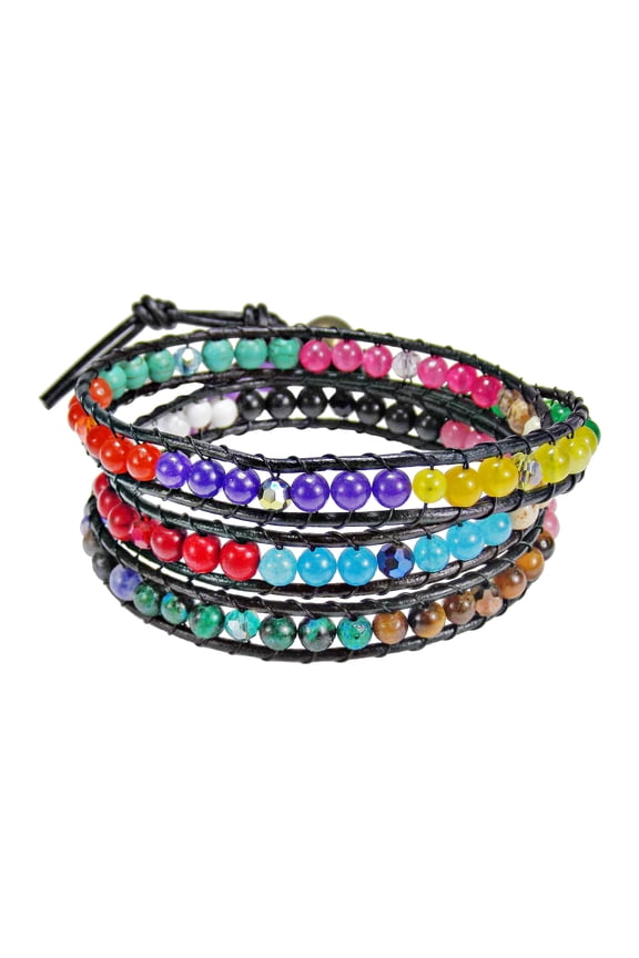 Multistone Triple Black Leather Wrap Bracelet