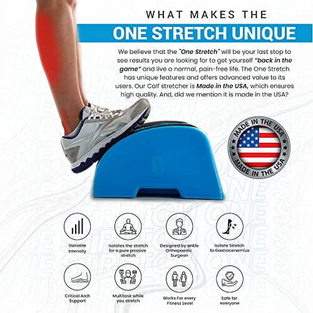 Multitask hands free while you stretch your calves for plantar fasciitis, foot pain, Achilles tendinitis, and more. Made in the USA. (Blue)