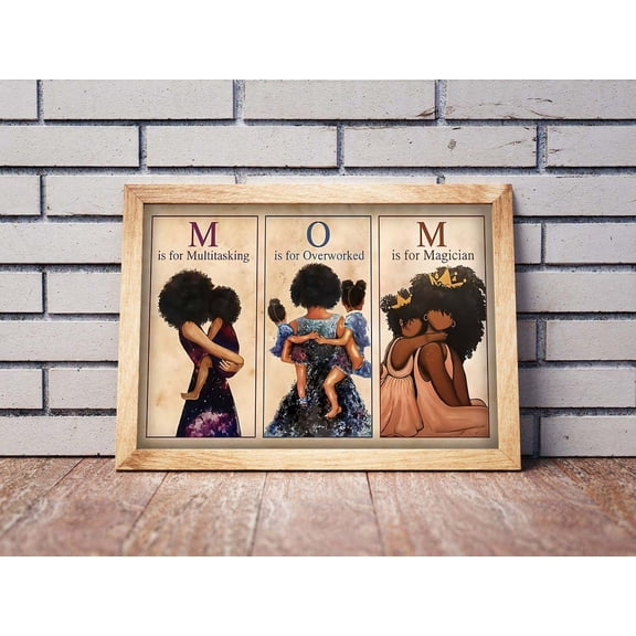 Multitasking Overworked Magician Mom Black Afro and Daughter Portrait Decor Unframed Paper Print