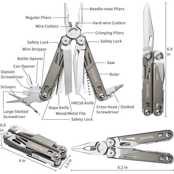 Multitool, 19-in-1 Multitool Pliers with -plated Handle, Safety Locking, Lightweight EDC Tool and Nylon Sheath for Men, Outdoor Survival, Hiking, Camping