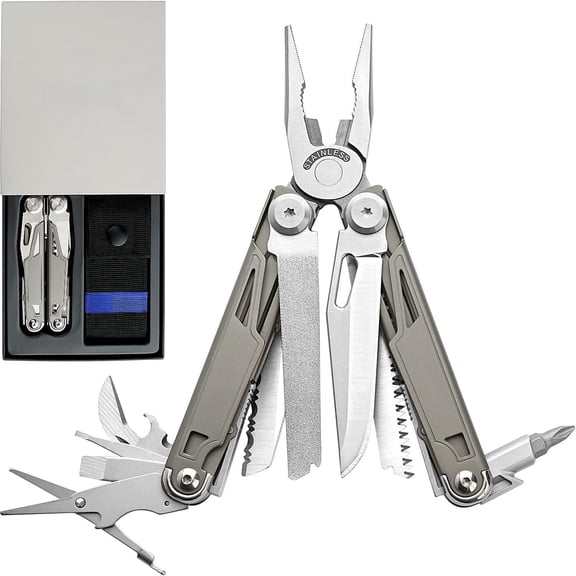Multitool,19-in-1 Multitool Pliers with Titanium-plated Handle, Safety Locking, Lightweight EDC Tool and Nylon Sheath for Men,Outdoor ,Hiking,Camping