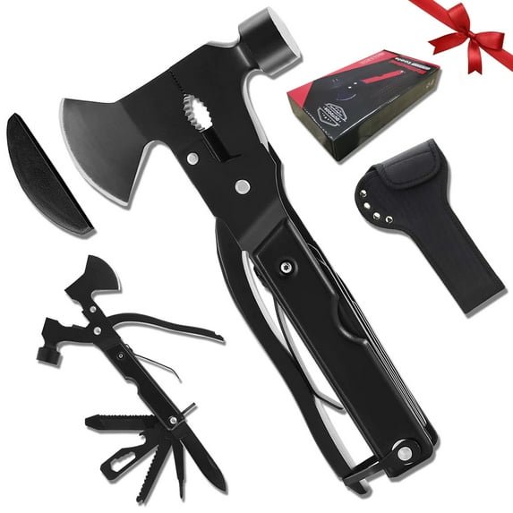 Multitool Camping Axe, 19-in-1 Survival Gear Camp Hatchet, Folding Portable Camping Hammer Multi Tool Unique Gift for Men Dad Husband Boyfriend (Black)