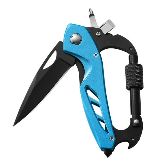 Multitool Carabiner with Pocket Knife, Gifts for Men, Him, Boyfriend, Carabiners with Folding Knives, Bottle Opener, Window Breaker and Screwdriver, Survival Gear for Camping Hiking Blue