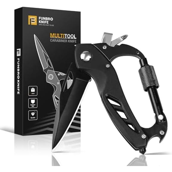 Multitool Carabiner with Pocket Knife, Stocking Stuffers Gifts for Men, EDC Carabiners with Folding Knives, Bottle Opener, Window Breaker and Screwdriver, Survival Gear for Camping Hiking