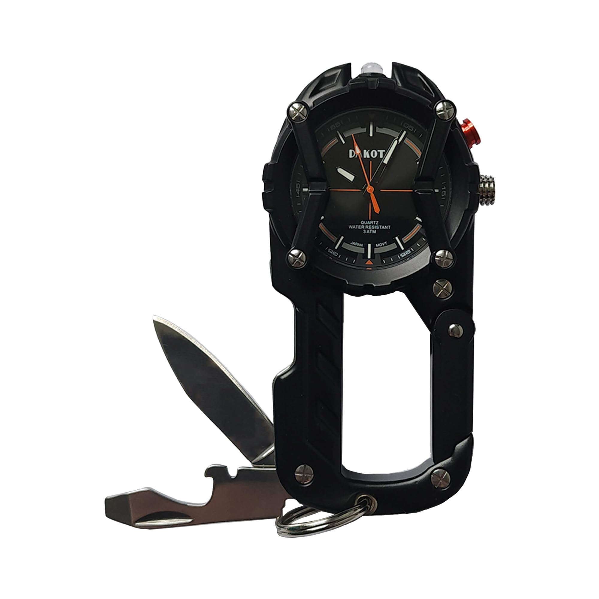 Multitool Clip Watch for Men – Black | 100ft Water Resistant Clip-On Watch with LED Light, Bottle Opener, Screwdriver & Carabiner – Outdoor Work, Camping, Hiking Tool
