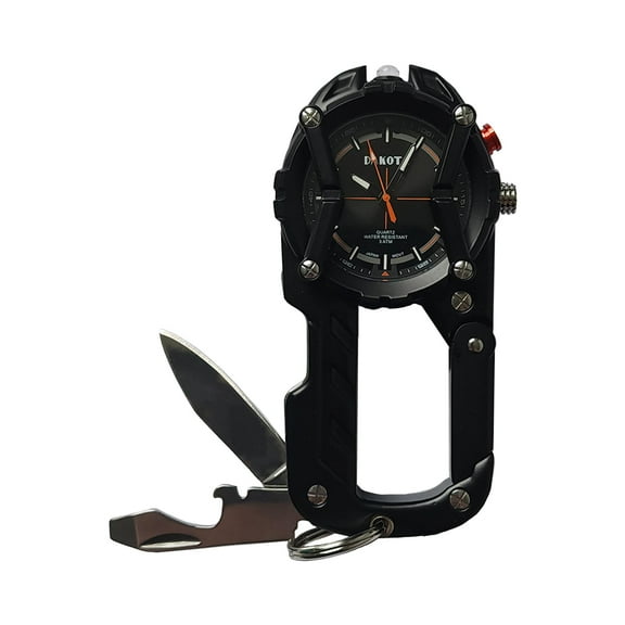 Multitool Clip Watch for Men Black | 100ft Water Resistant Clip-On Watch with LED Light, Bottle Opener, Screwdriver & Carabiner Outdoor Work, Camping, Hiking Tool