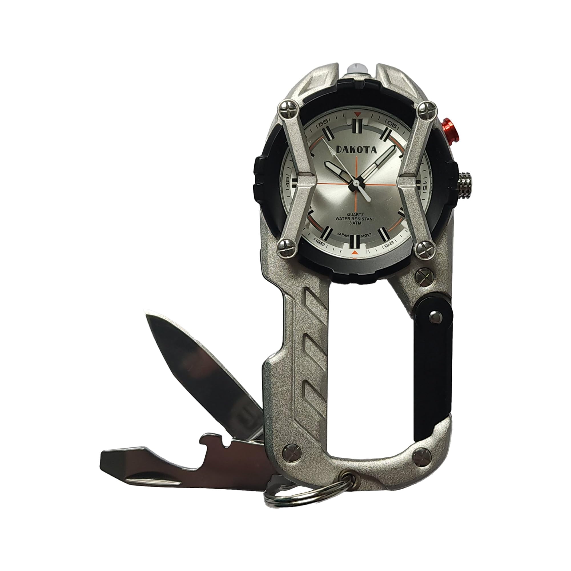 Multitool Clip Watch for Men – Silver | 100ft Water Resistant Clip-On Watch with LED Light, Bottle Opener, Screwdriver & Carabiner – Stainless Steel Outdoor Work & Camping Tool
