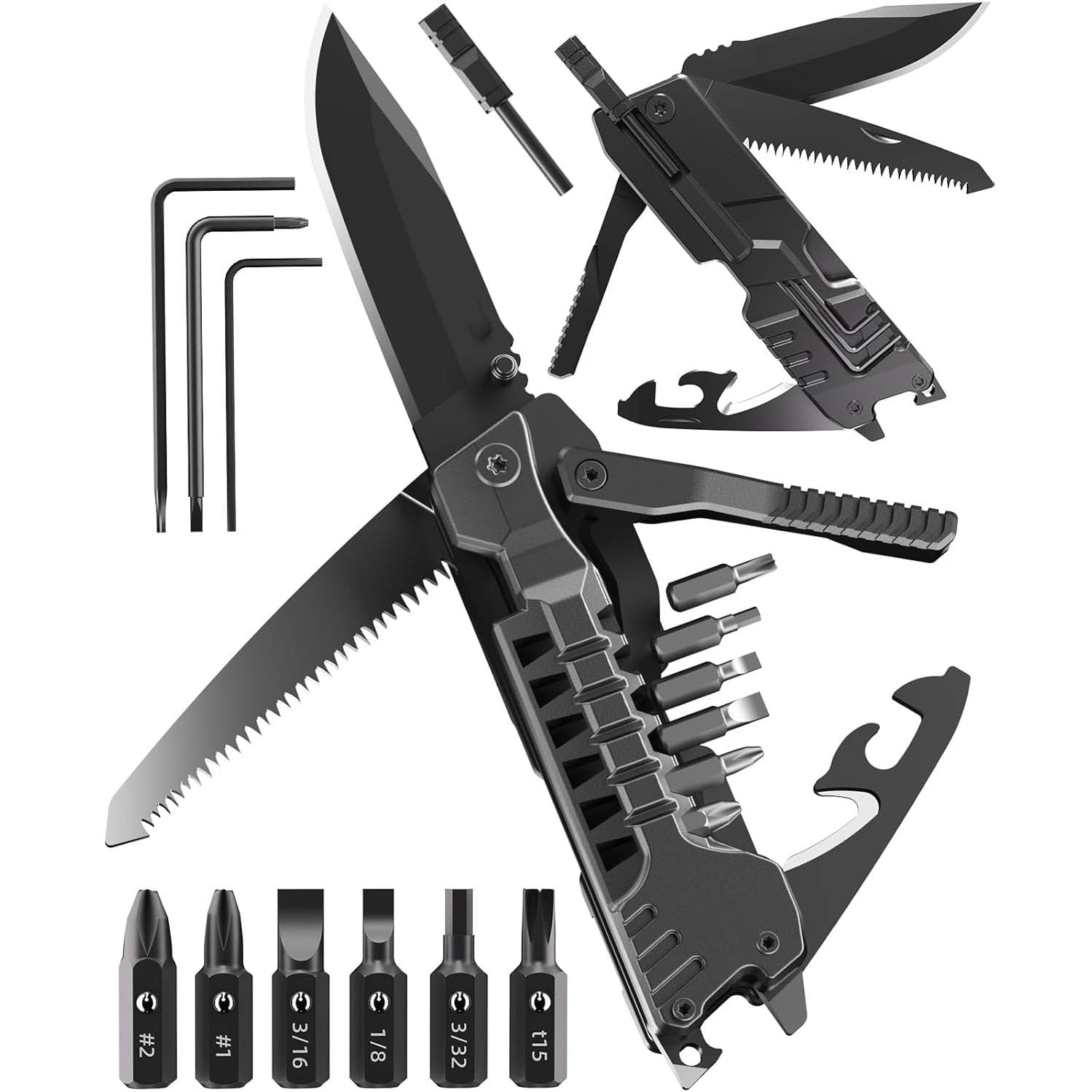Multitool Knife with Fire Starting Sticks, Bottle Opener, Saw, Screwdrivers, Whistle, Window Breaker and More for Camping, Outdoor, Survival and Everyday Use