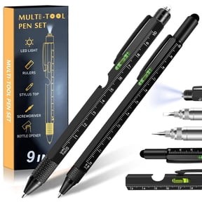Multitool Pen - Multi-Tool Pen Set 9 in 1, LED Light, Screwdrivers, Level, Ruler, Bottle Opener, and Stylus. Cool Gadgets Gifts for Men, Pack of 2