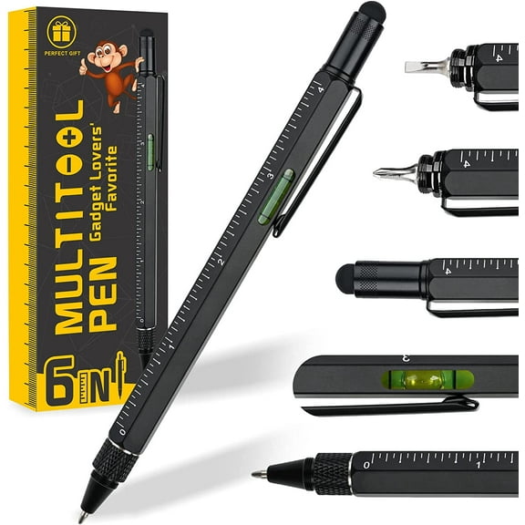 Multitool Pen Tools Cool Gadgets for Men - Stylus, Ruler, Level, Screwdriver - Stocking Stuffers Christmas Gifts for Men - Birthday Gifts for Dad Boyfriend Husband Him Friend Handyman - Black