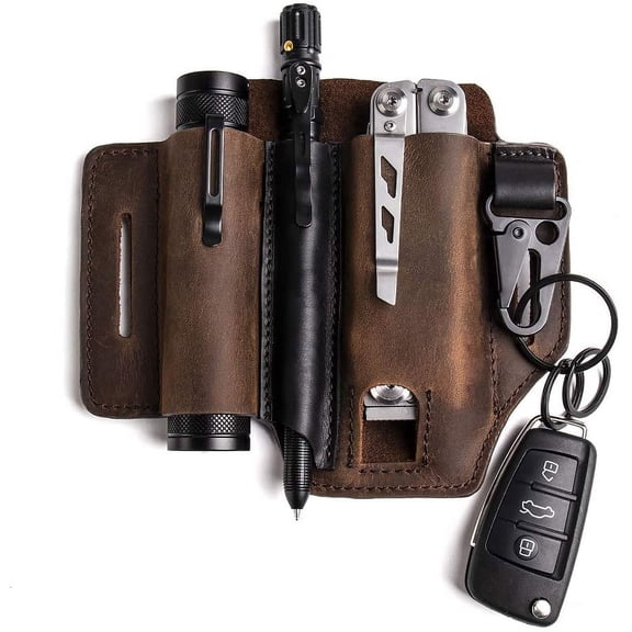 Multitool Sheath for Belt, Leather EDC Pocket Organizer for Men, Leatherman Sheath with Pen Holder, Key Fob, Flashlight Sheath, EDC Leather Pouch,Dark Brown