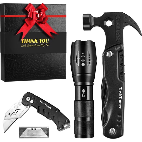 Multitools Gfit Set for Men, 3-in-1 Multi-tools Set "THANK YOU" Includes a Multi-Hammer, Utility Knife & Tactical Flashlight, EDC Gears for Car, Camping & Emergency, Gifts For Dad Husband Him