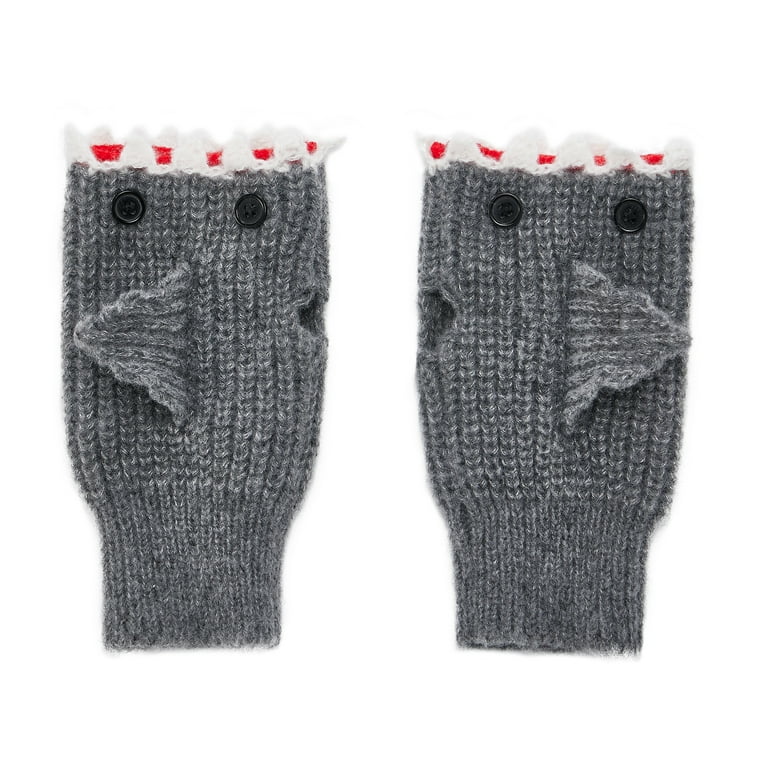 Multitrust 3D Shark Fingerless Gloves for Adult Winter, Knit