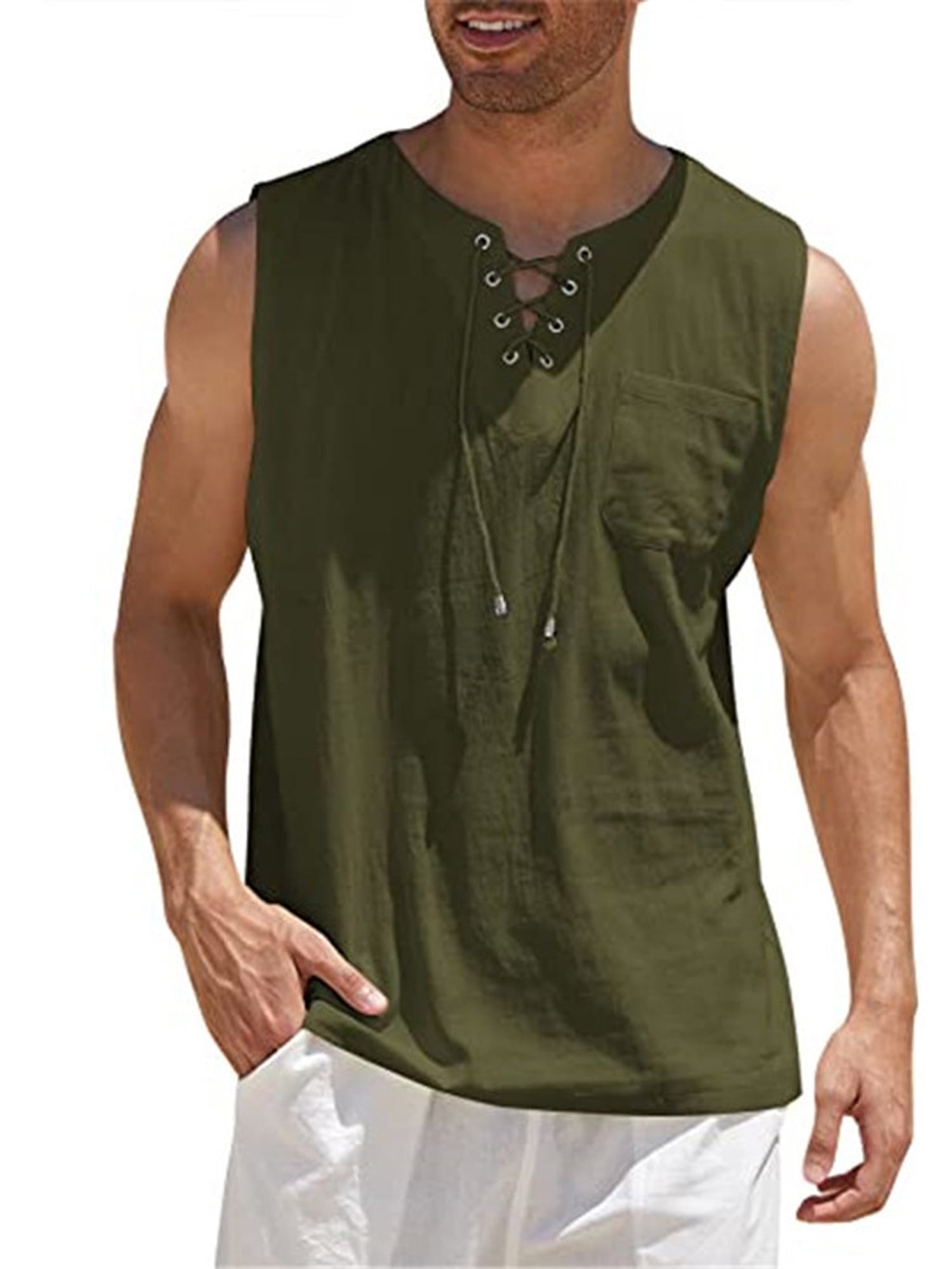 Multitrust Men's Cotton Linen Tank Top Shirts Casual Sleeveless Lace Up ...