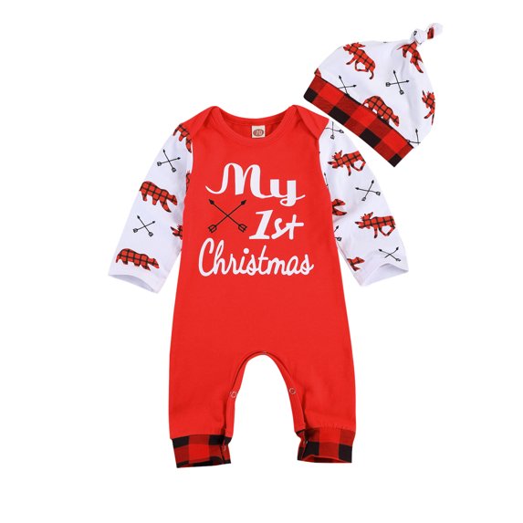 Multitrust Multitrust Baby's Two Piece Set Toddler's Animal Plaid Romper Round Neck Long Sleeve Jumpsuit Hat for Newborn
