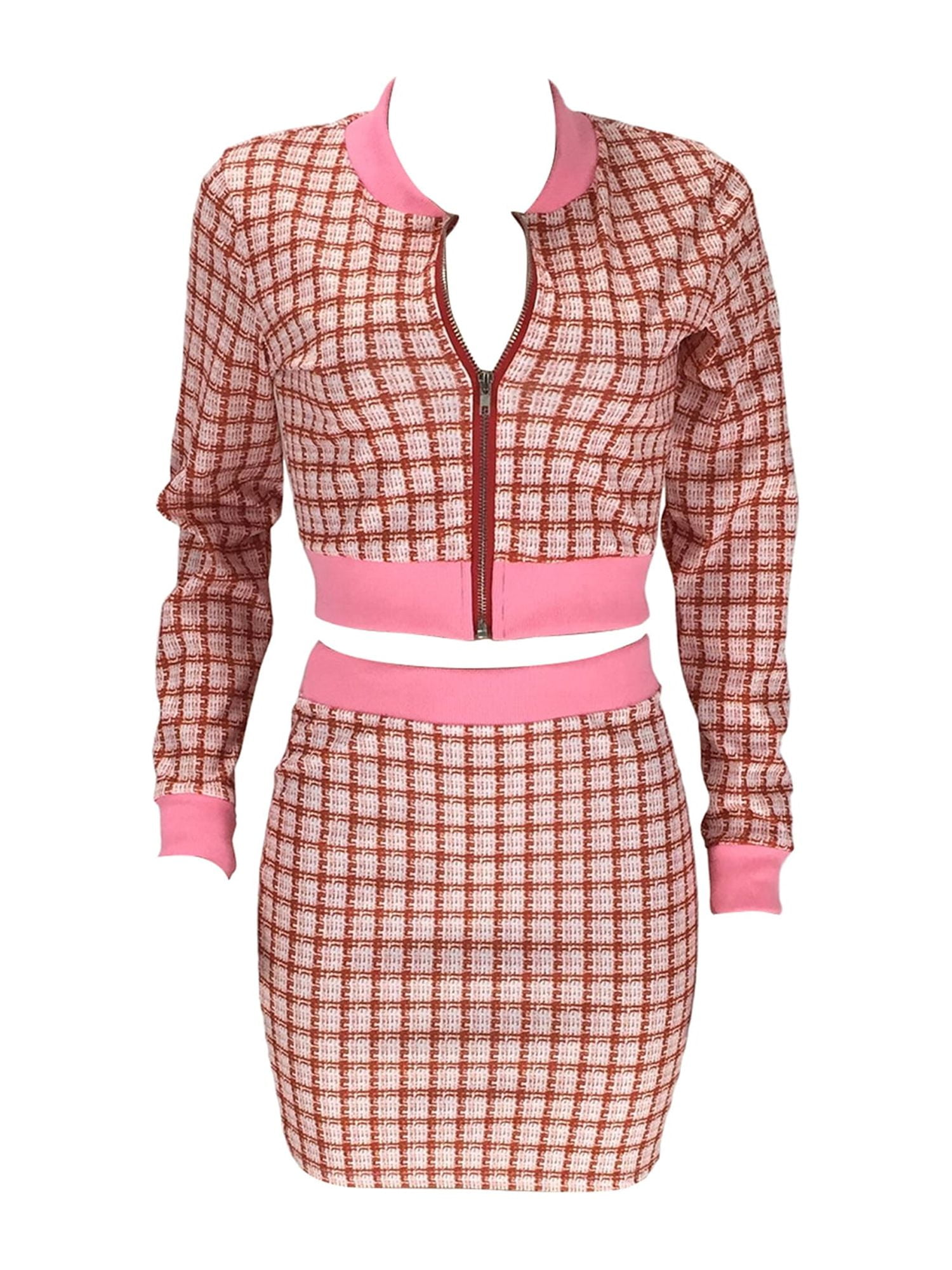 Multitrust Women 2 Piece Set Mini Skirt Long Sleeve Jacket Plaid
