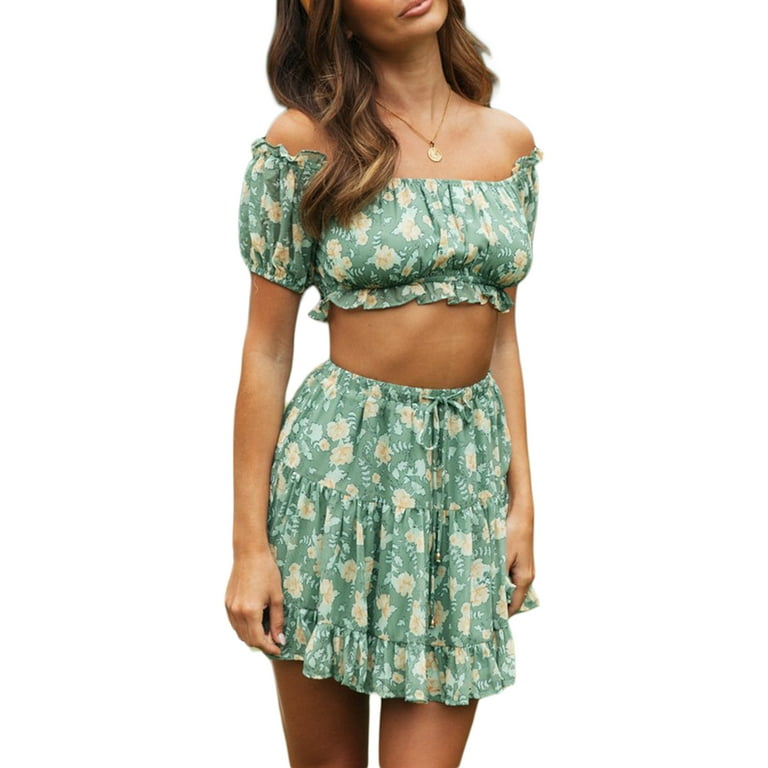 Multitrust Women 2 Pieces Skirt Outfit Floral Print Boat Neck Off Shoulder Short Sleeve Crop Tops Elastic Waist Mini Skirts Set