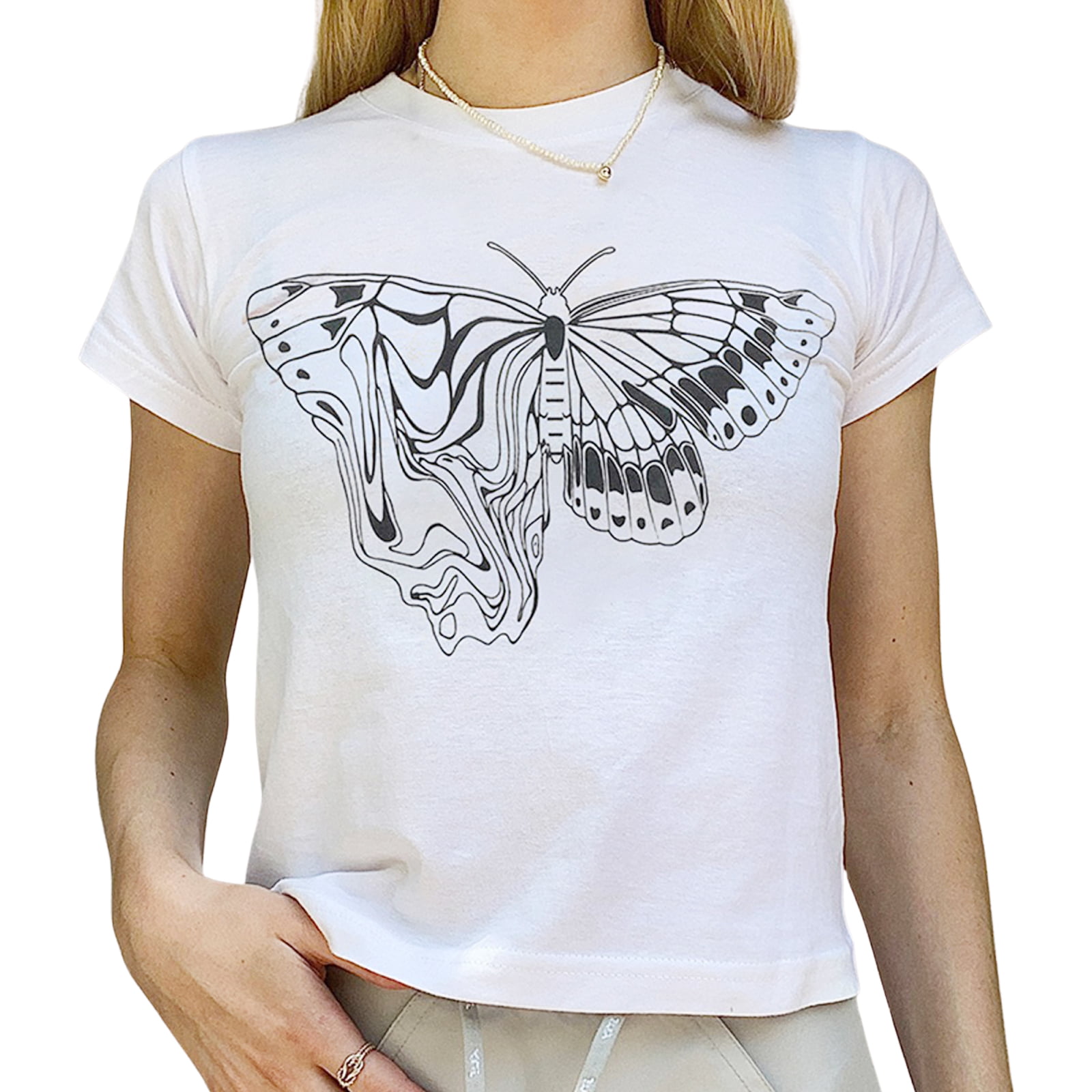 Multitrust Women Casual T-shirt Butterfly Print Short Sleeve Round