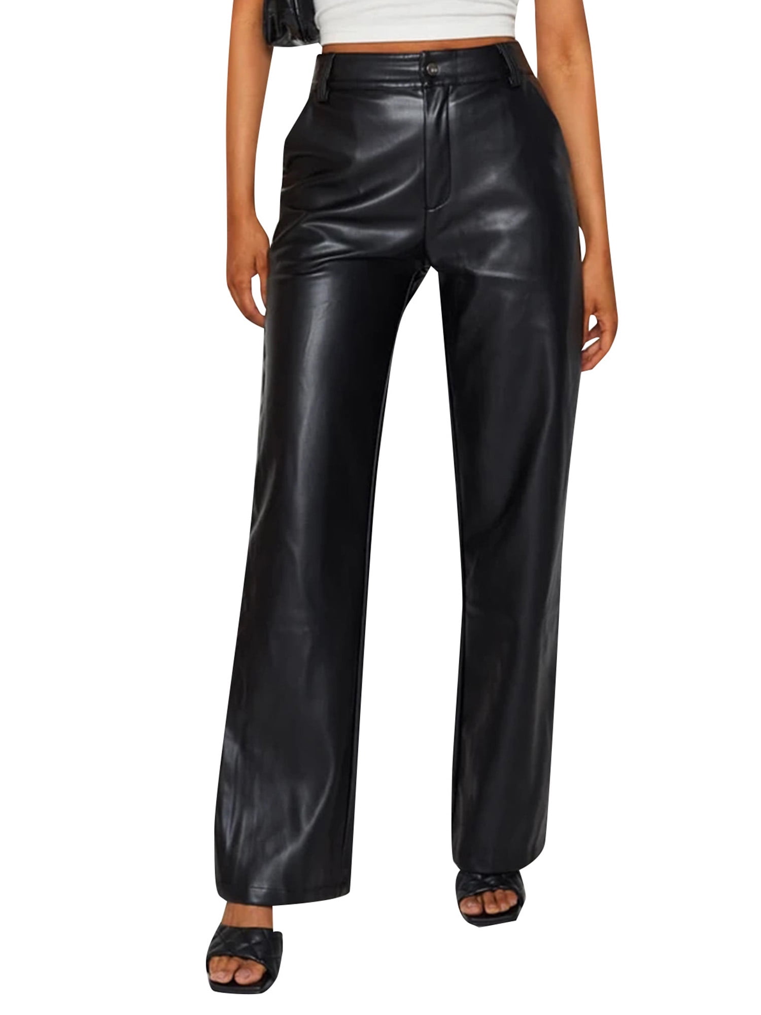 Multitrust Women High Waist Faux Leather Pants Solid Color Elastic 