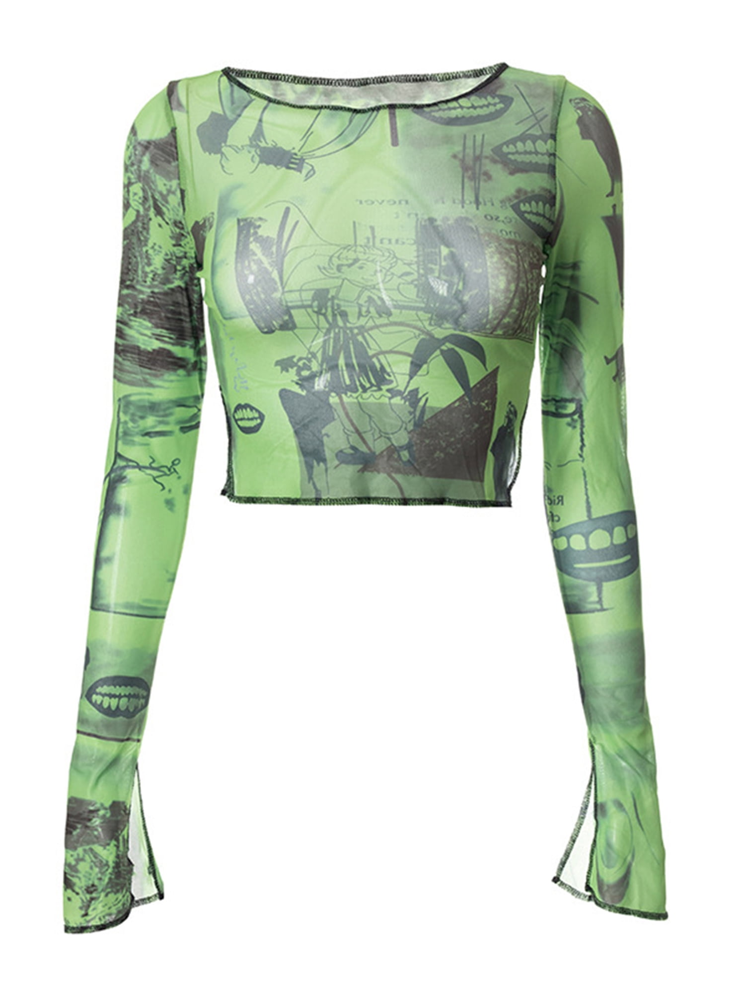 Multitrust Women Long Sleeve Crop Top Sheer Mesh Graphic Print T 