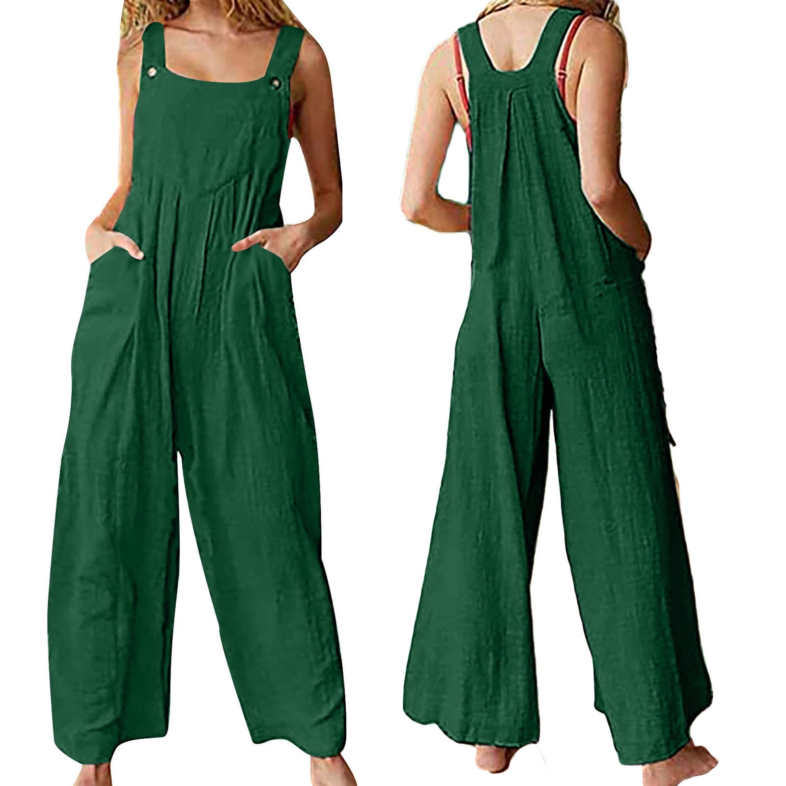 Multitrust Women Loose Overalls Jumpsuit with Pockets, Wide Leg Ushaped Collar Sleeveless
