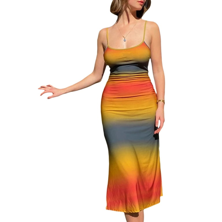 Multitrust Women Party Slip Dress Gradient Color Spaghetti Strap Low Cut Sleeveless One Piece for Ladies Orange S M L