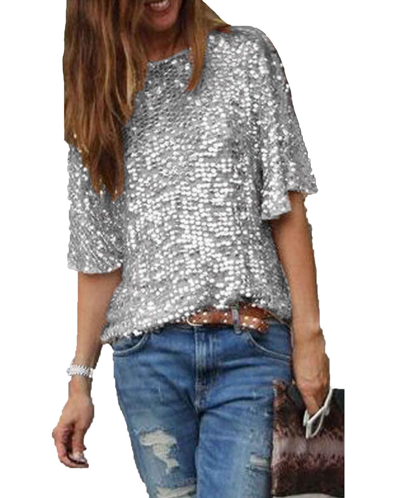 Multitrust Women Sequins Short Sleeve Shirt Tops Casual Loose Blouses  T-Shirts