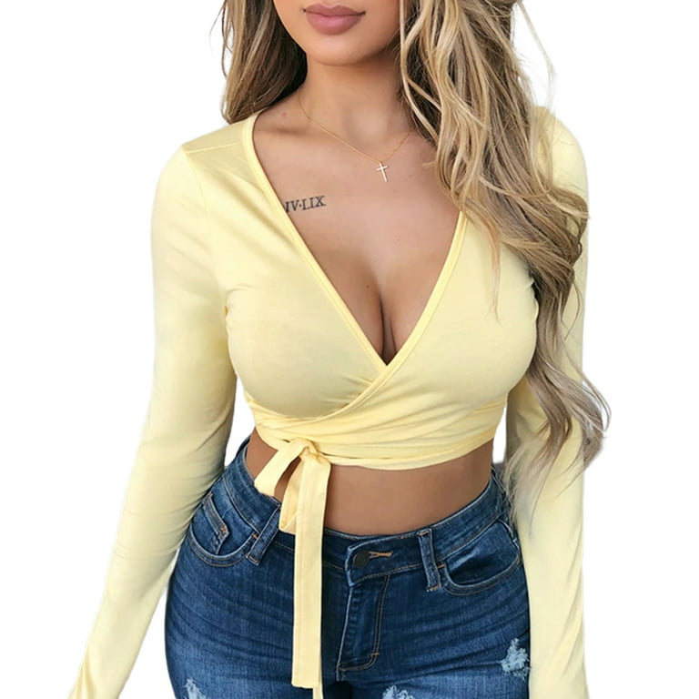 Multitrust Women Sexy Slim Crop Tops Long Sleeve Deep V-Neck Front Lace-up  Base Shirt Solid Color Skinny Casual Blouse 