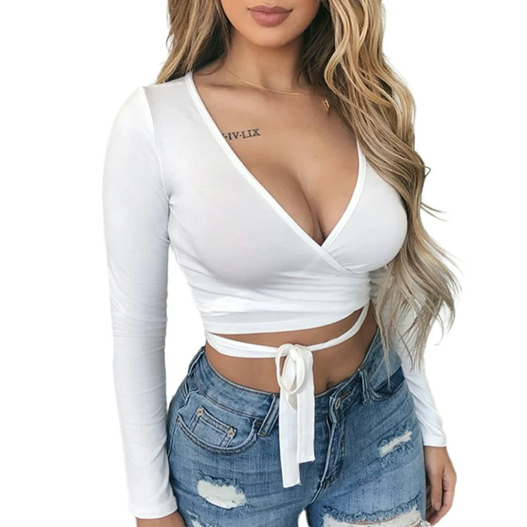 Multitrust Women Sexy Slim Crop Tops Long Sleeve Deep V-Neck Front Lace-up  Base Shirt Solid Color Skinny Casual Blouse