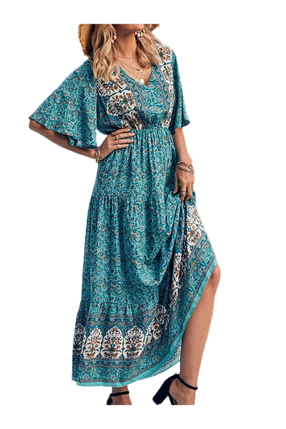 Women Summer Bohemian Floral Maxi Dress Casual Puff Long Sleeve V Neck Loose Ruffle Tiered Beach Vacation Long Dress