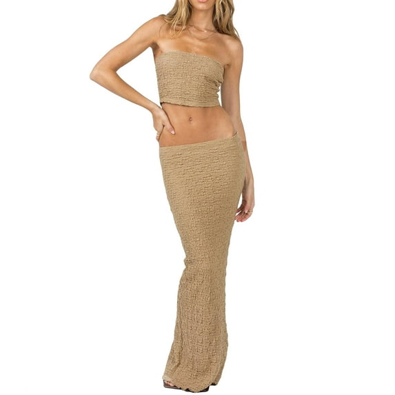 Multitrust Y2K 2-Piece V Neck Halter Crop Top & Split Maxi Skirt Set, Khaki, Women’s Casual, S
